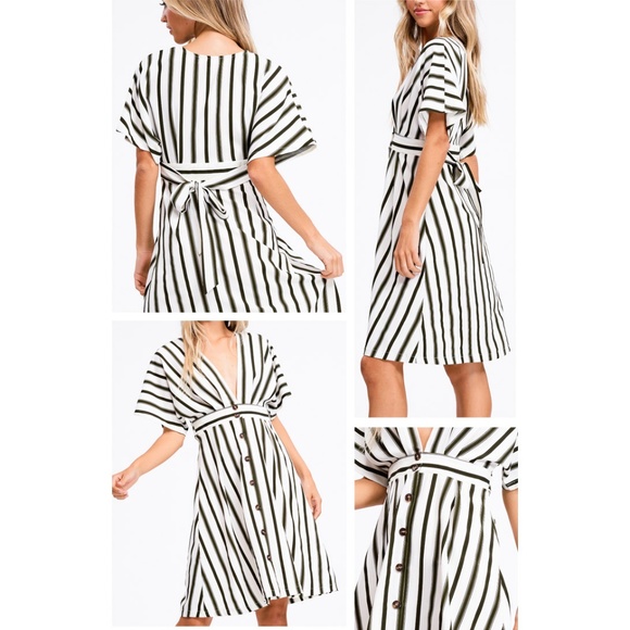 Olive Stripe Button Down Plunging VNeck Midi Dress - Picture 4 of 8